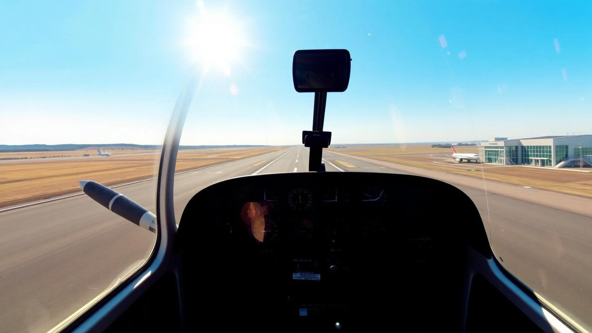View from a trainer aircraft cockpit toward a sunny runway