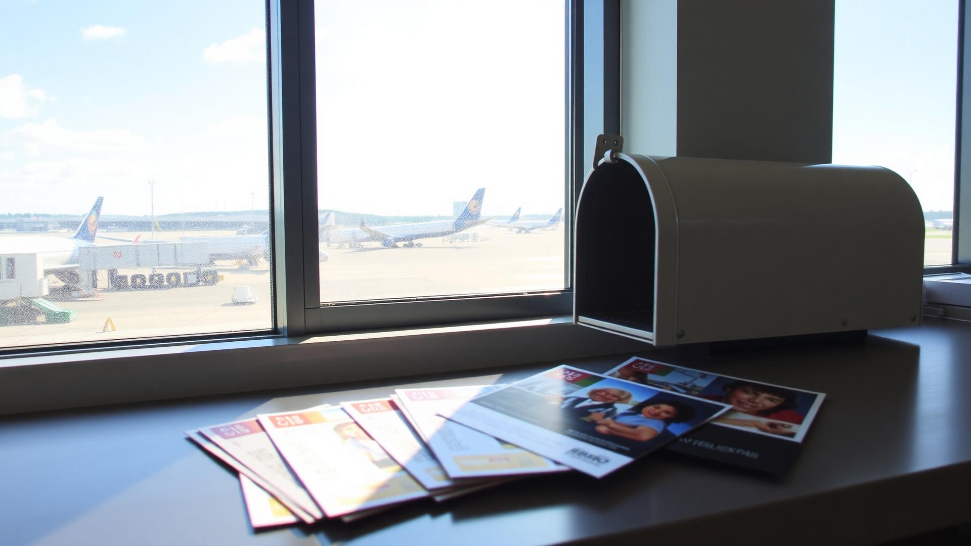 Direct mail postcards on a desk overlooking an airport ramp