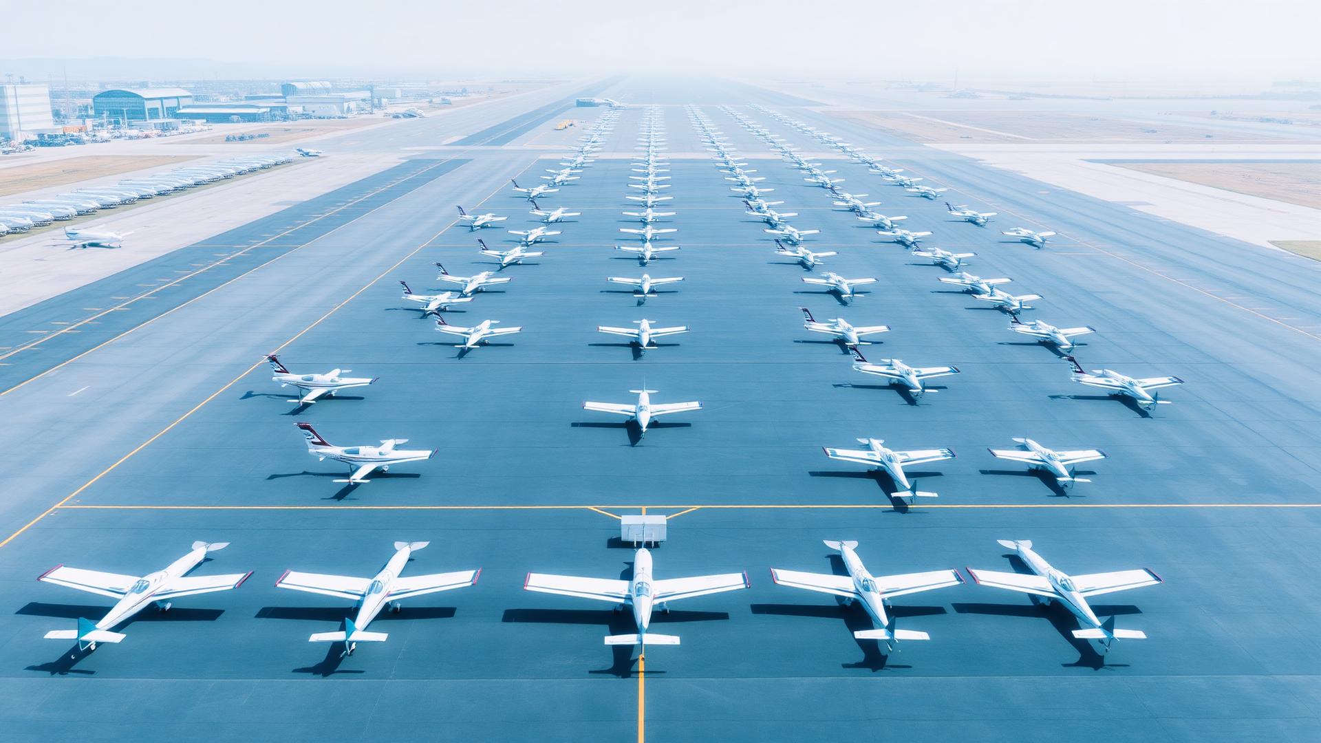 Rows of general aviation aircraft parked on an airport apron