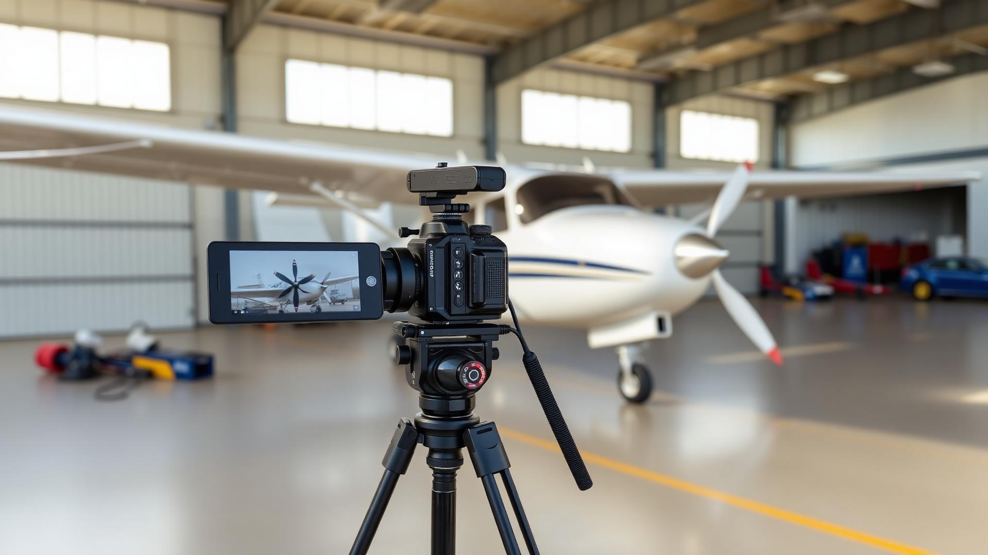 Camera on a tripod filming an aircraft in a hangar