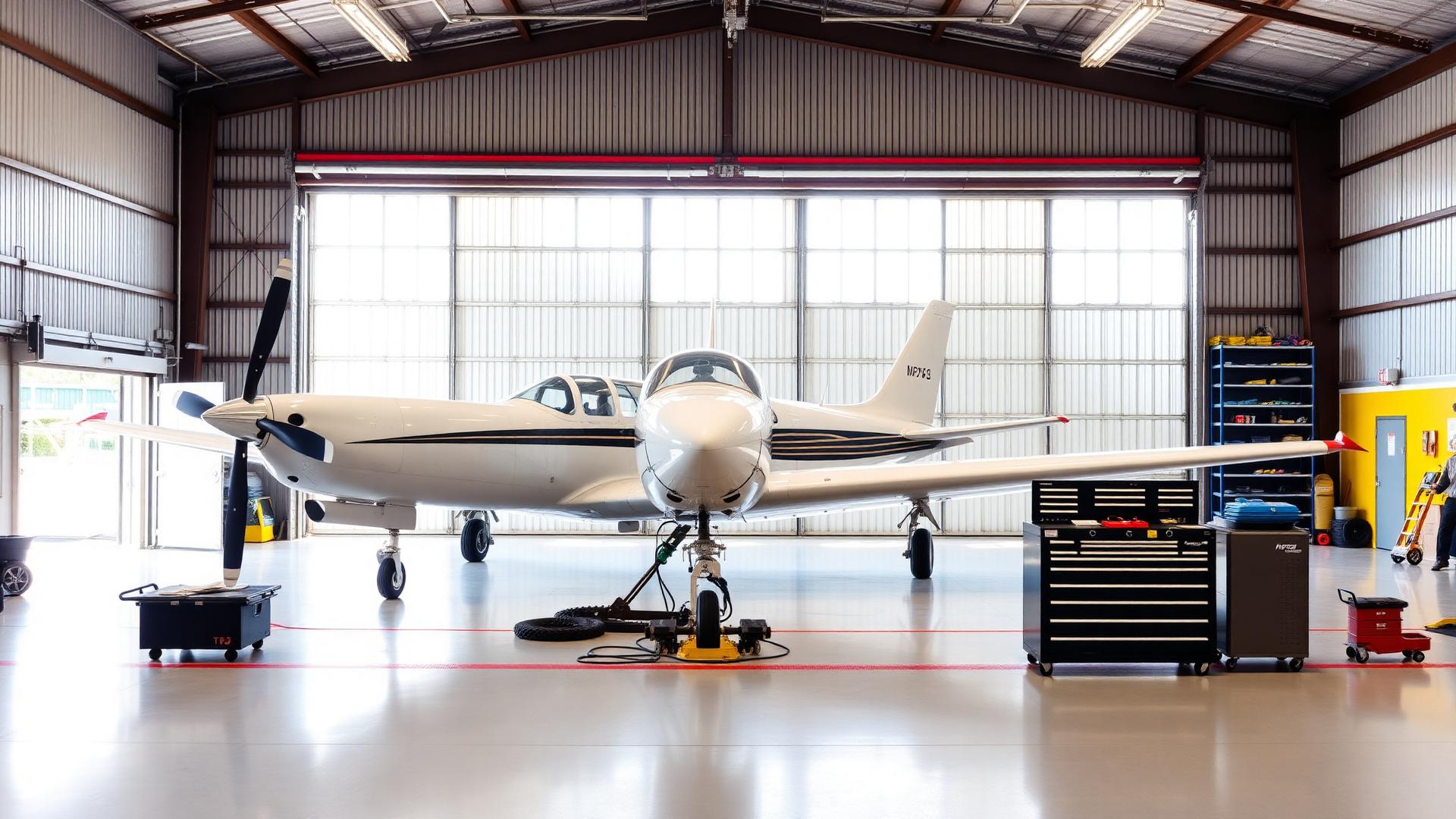 Aircraft maintenance hangar with a light twin on jacks